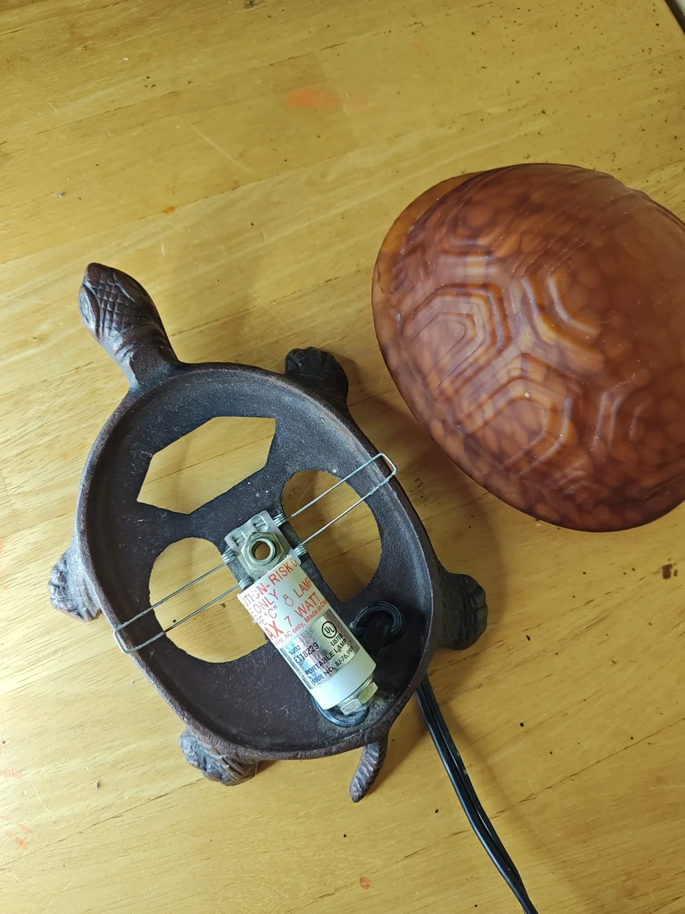 Vintage Amber Glass Turtle Lamp Cast Iron Base Tiffany Style Accent Nightlight